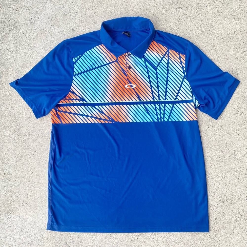 Oakley Men’s Golf Polo Shirt Size L Stripe Regular Fit RN#96548 Blue Orange EUC